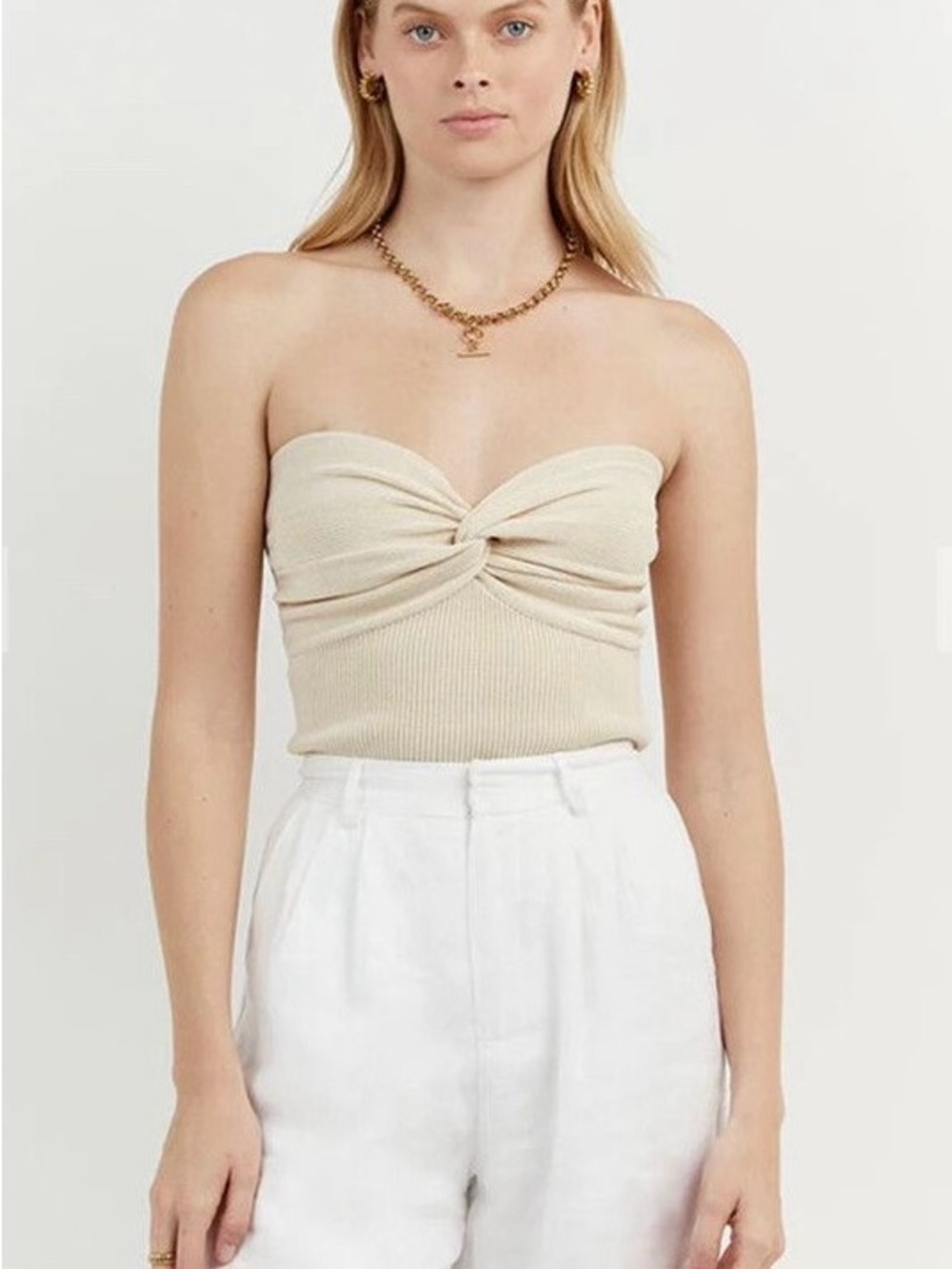 DISSH Anika Twisted Cream Knit Top – Size 12 (Strapless Ribbed Knit)